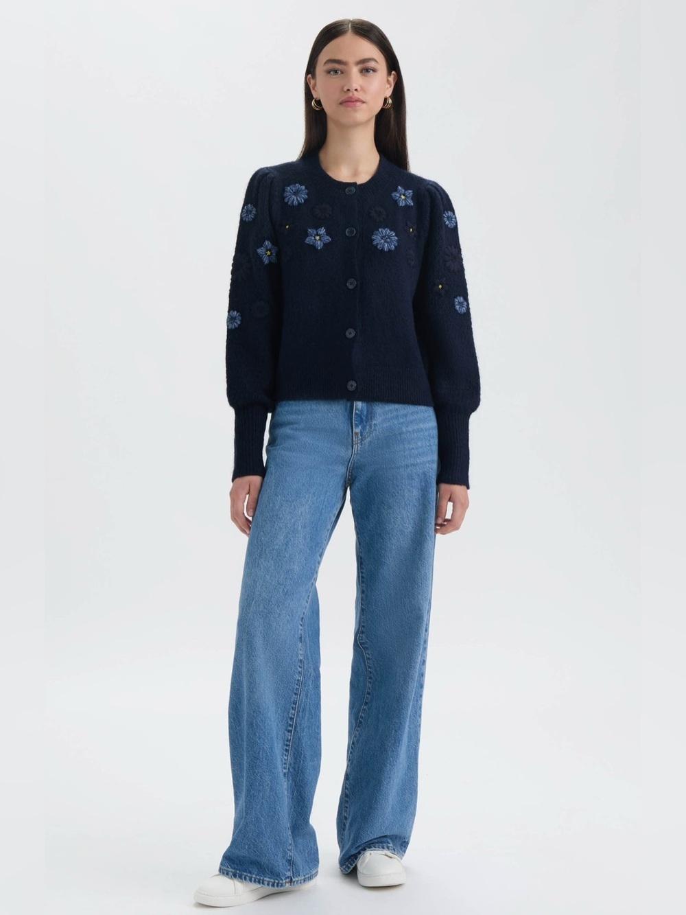 NVLT Embroidered Flower Navy Cardigan Sweater - Women Medium - Picture 4 of 8